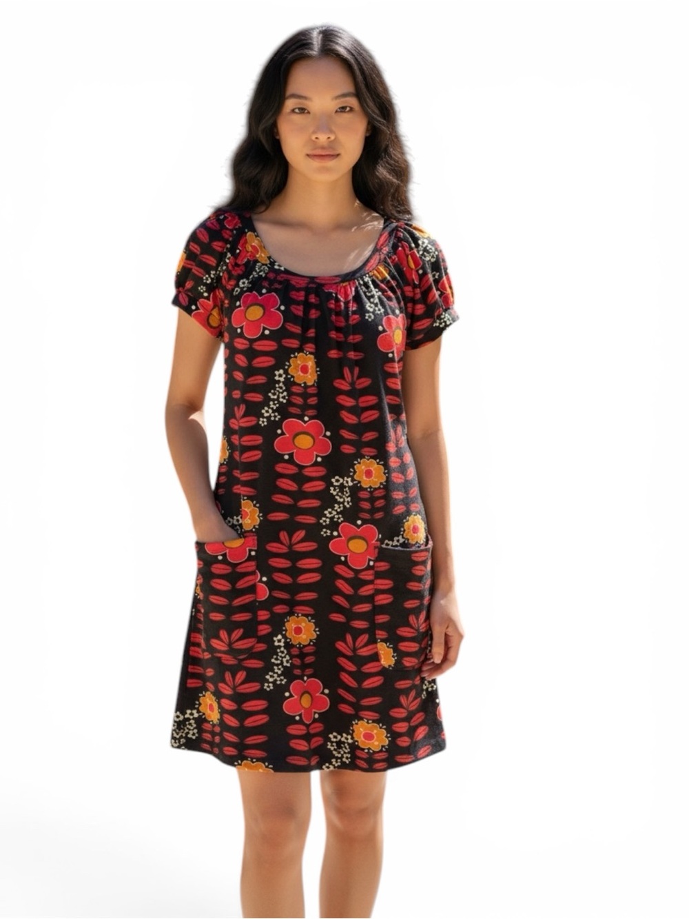 Vintage Style Floral Pocket Shift Dress in Black with Red & Yellow Flowers